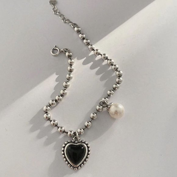 Sterling Silver Black Heart & Pearl Bead Bracelet - Picture 3 of 5